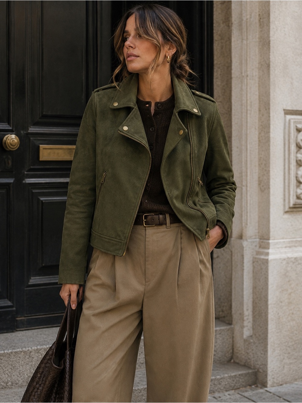 Banana Republic Vegan Suede Moto Jacket Olive Green Size XS EUC